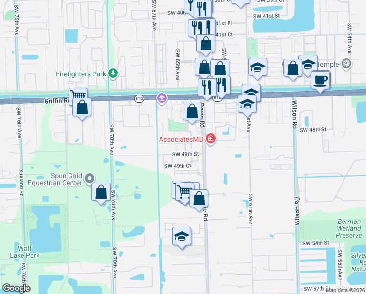map of restaurants, bars, coffee shops, grocery stores, and more near 4875 Southwest 65th Avenue in Davie