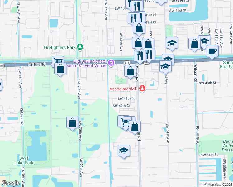 map of restaurants, bars, coffee shops, grocery stores, and more near 6622 Southwest 48th Street in Davie