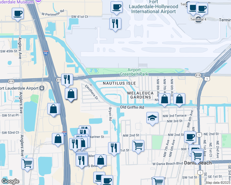 map of restaurants, bars, coffee shops, grocery stores, and more near 1401 Northwest 8th Street in Dania Beach