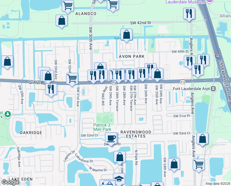 map of restaurants, bars, coffee shops, grocery stores, and more near 4900 Southwest 29th Avenue in Fort Lauderdale
