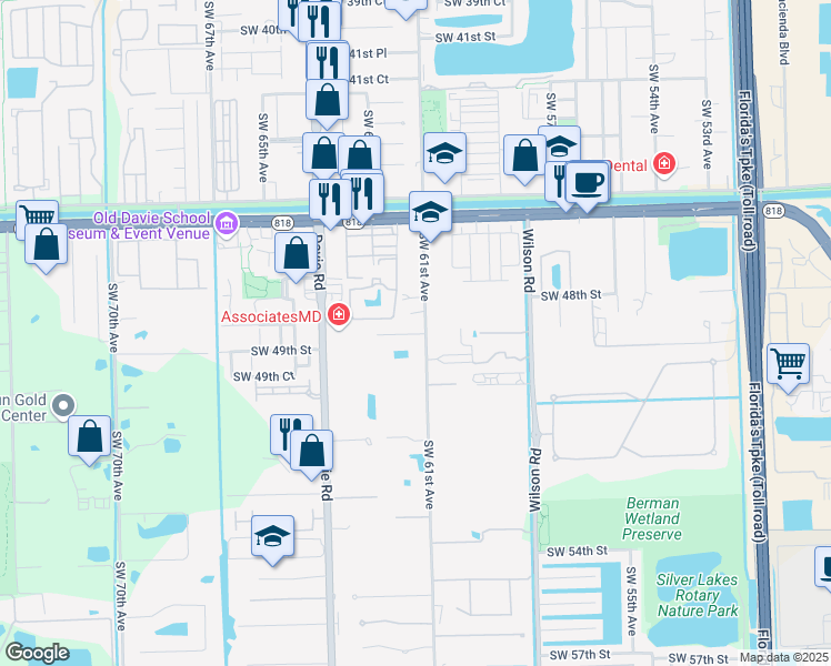 map of restaurants, bars, coffee shops, grocery stores, and more near 6152 Southwest 48th Court in Davie