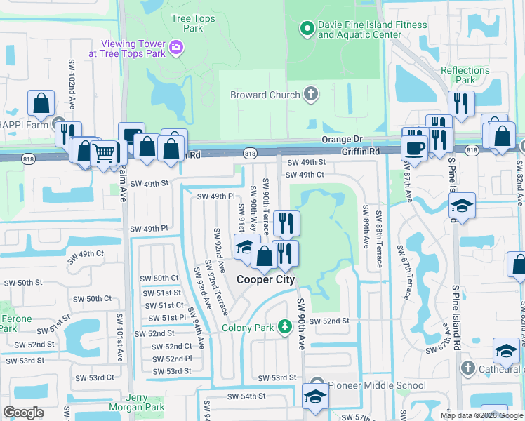 map of restaurants, bars, coffee shops, grocery stores, and more near 4973 Southwest 90th Way in Cooper City