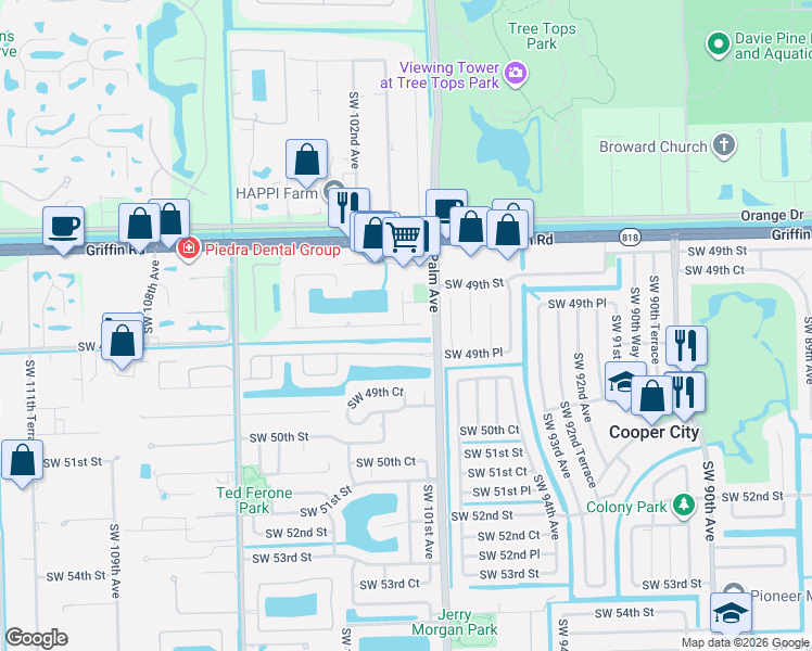 map of restaurants, bars, coffee shops, grocery stores, and more near 10100 Southwest 49th Manor in Cooper City