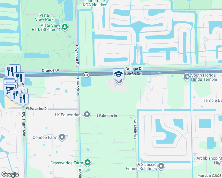 map of restaurants, bars, coffee shops, grocery stores, and more near 13900 Florida 818 in Southwest Ranches