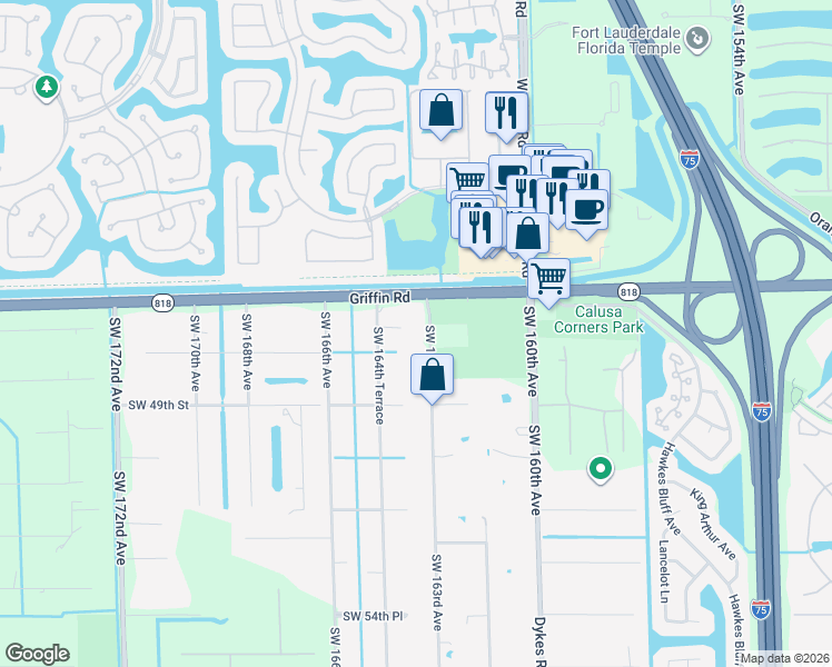 map of restaurants, bars, coffee shops, grocery stores, and more near 4651 Southwest 163rd Avenue in Southwest Ranches