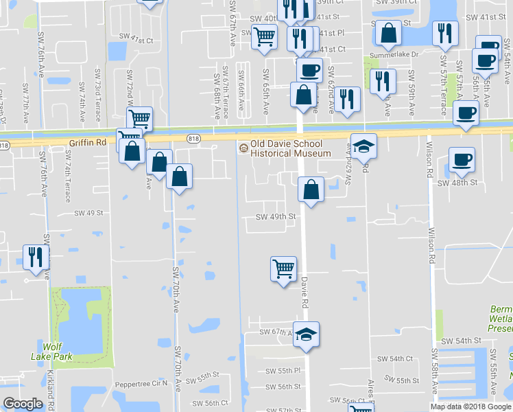 map of restaurants, bars, coffee shops, grocery stores, and more near 6622 Southwest 48th Street in Davie
