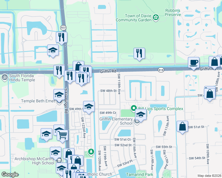 map of restaurants, bars, coffee shops, grocery stores, and more near 11808 Southwest 48th Street in Cooper City