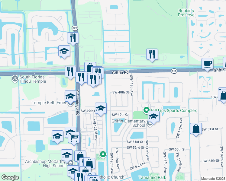 map of restaurants, bars, coffee shops, grocery stores, and more near 11910 Southwest 48th Street in Cooper City