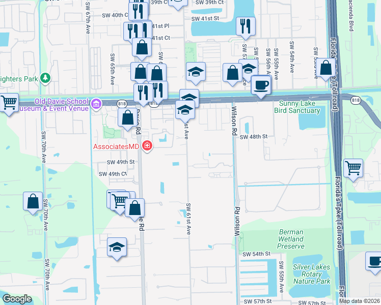 map of restaurants, bars, coffee shops, grocery stores, and more near 4850 Southwest 61st Avenue in Davie