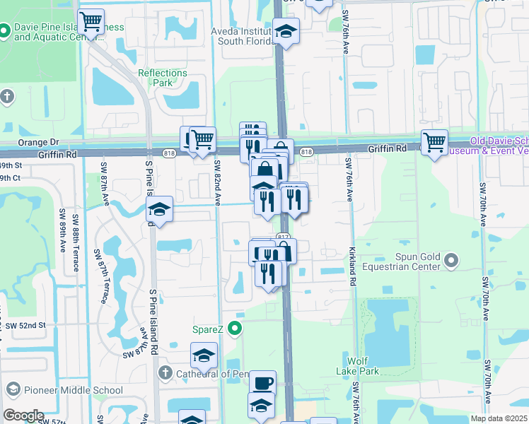 map of restaurants, bars, coffee shops, grocery stores, and more near 4801 South University Drive in Davie