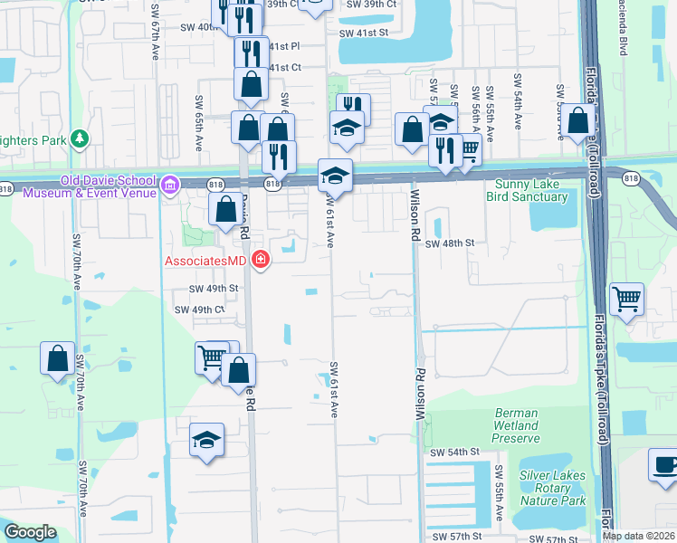 map of restaurants, bars, coffee shops, grocery stores, and more near 4850 Southwest 61st Avenue in Davie