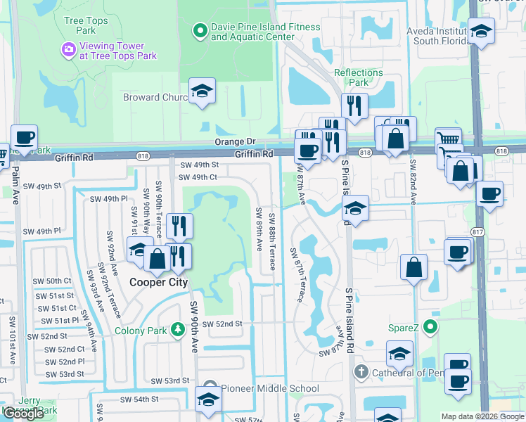 map of restaurants, bars, coffee shops, grocery stores, and more near 5000 Southwest 89th Avenue in Cooper City