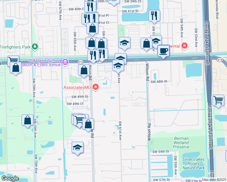 map of restaurants, bars, coffee shops, grocery stores, and more near 6152 Southwest 48th Court in Davie