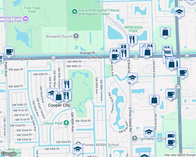map of restaurants, bars, coffee shops, grocery stores, and more near 5007 Southwest 88th Terrace in Cooper City