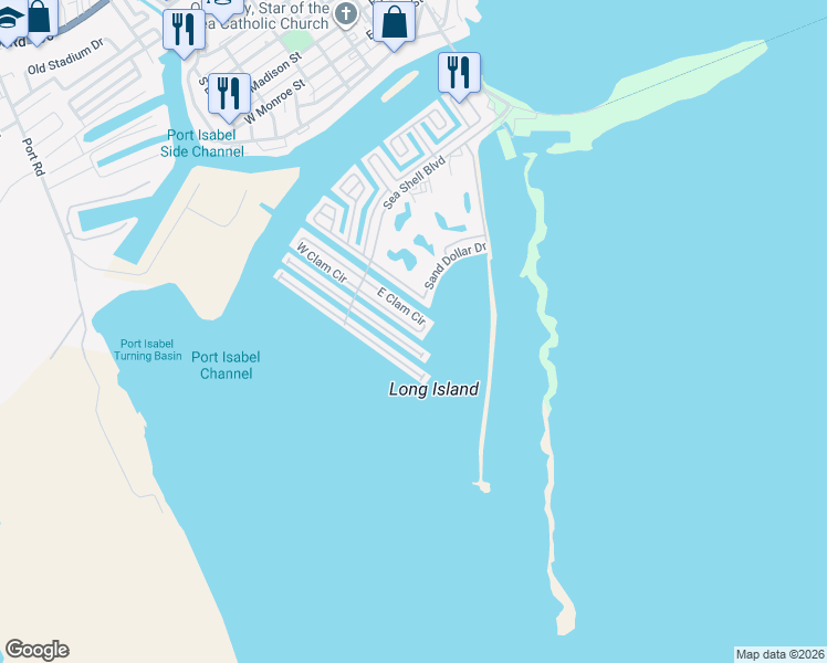 map of restaurants, bars, coffee shops, grocery stores, and more near 693 East Clam Circle in Port Isabel
