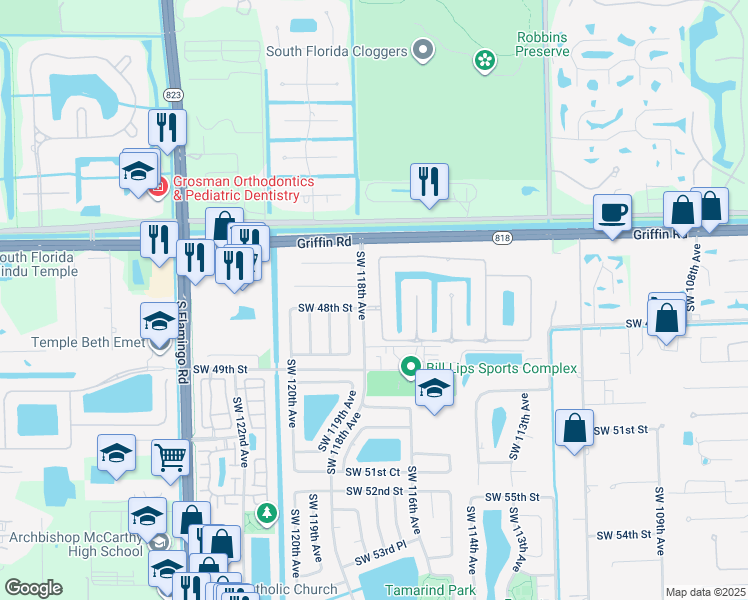 map of restaurants, bars, coffee shops, grocery stores, and more near 4797 Hibbs Grove Terrace in Cooper City
