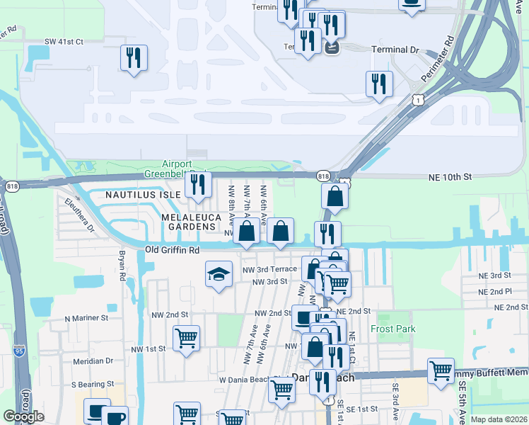 map of restaurants, bars, coffee shops, grocery stores, and more near 609 Northwest 8th Street in Dania Beach