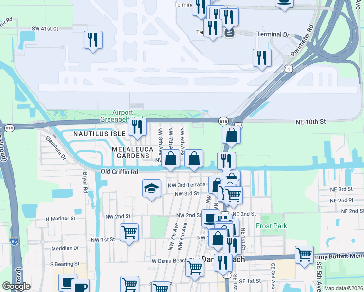 map of restaurants, bars, coffee shops, grocery stores, and more near 609 Northwest 8th Street in Dania Beach
