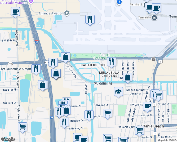 map of restaurants, bars, coffee shops, grocery stores, and more near 1401 Northwest 8th Street in Dania Beach