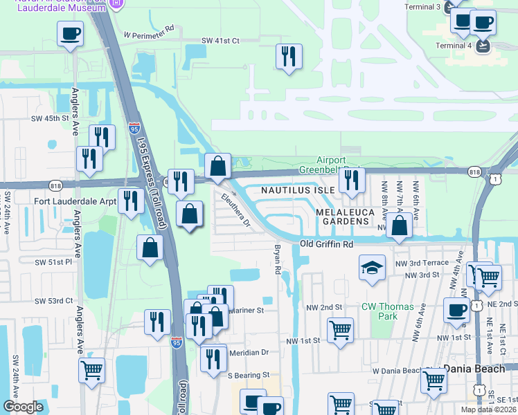 map of restaurants, bars, coffee shops, grocery stores, and more near 1437 Northwest 8th Street in Dania Beach