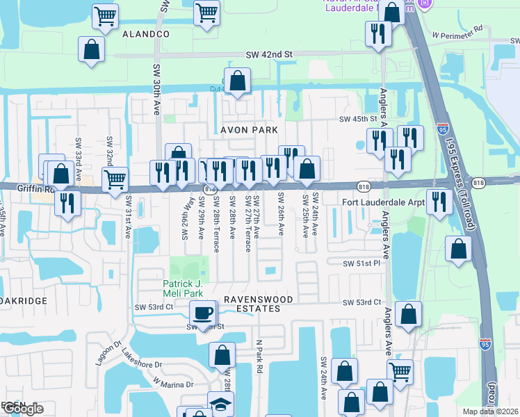 map of restaurants, bars, coffee shops, grocery stores, and more near 4920 Southwest 27th Avenue in Fort Lauderdale