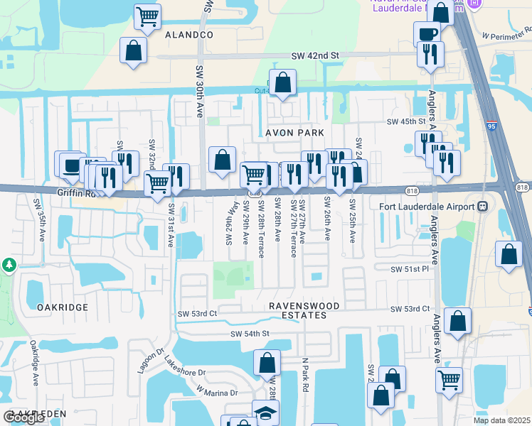map of restaurants, bars, coffee shops, grocery stores, and more near 4930 Southwest 28th Avenue in Fort Lauderdale