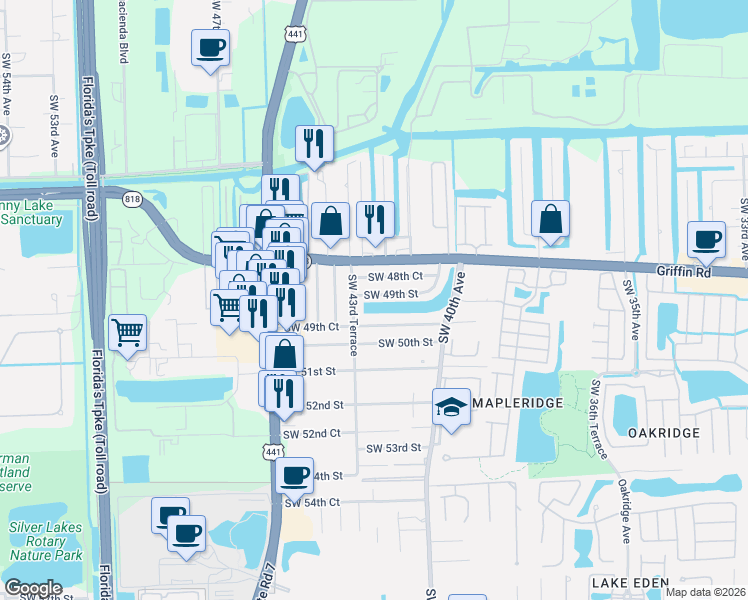 map of restaurants, bars, coffee shops, grocery stores, and more near 4312 Southwest 49th Street in Fort Lauderdale