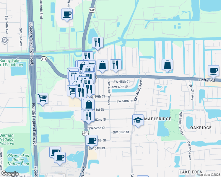 map of restaurants, bars, coffee shops, grocery stores, and more near 4312 Southwest 49th Street in Fort Lauderdale