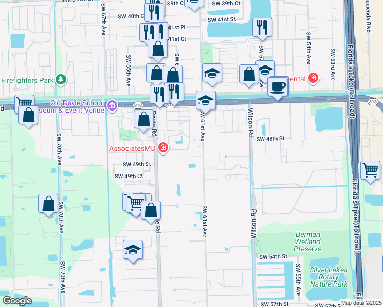 map of restaurants, bars, coffee shops, grocery stores, and more near 6152 Southwest 48th Court in Davie