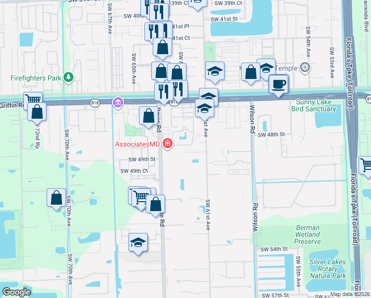 map of restaurants, bars, coffee shops, grocery stores, and more near 47 Lauderdale Manor Drive in Davie