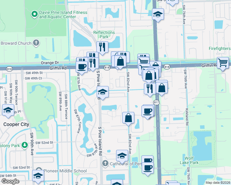 map of restaurants, bars, coffee shops, grocery stores, and more near 50 Southwest 48th Court in Davie