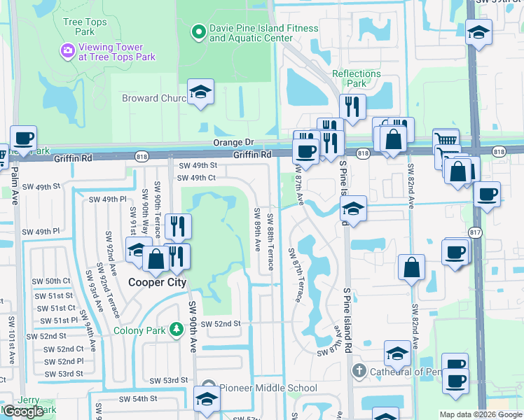 map of restaurants, bars, coffee shops, grocery stores, and more near 5007 Southwest 88th Terrace in Cooper City