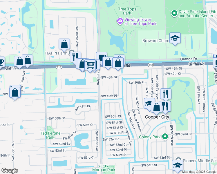 map of restaurants, bars, coffee shops, grocery stores, and more near 4985 Southwest 94th Terrace in Cooper City
