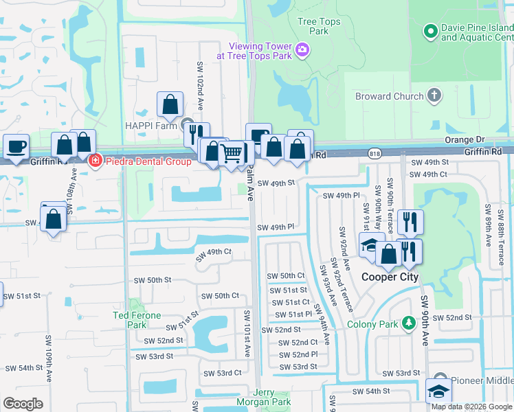 map of restaurants, bars, coffee shops, grocery stores, and more near 4985 Southwest 95th Avenue in Cooper City