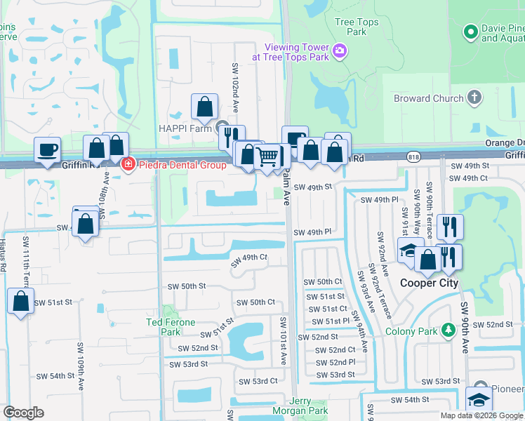 map of restaurants, bars, coffee shops, grocery stores, and more near 10100 Southwest 49th Manor in Cooper City