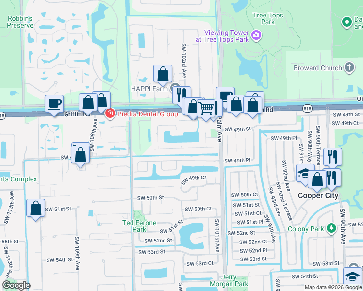 map of restaurants, bars, coffee shops, grocery stores, and more near 10292 Southwest 49th Manor in Cooper City
