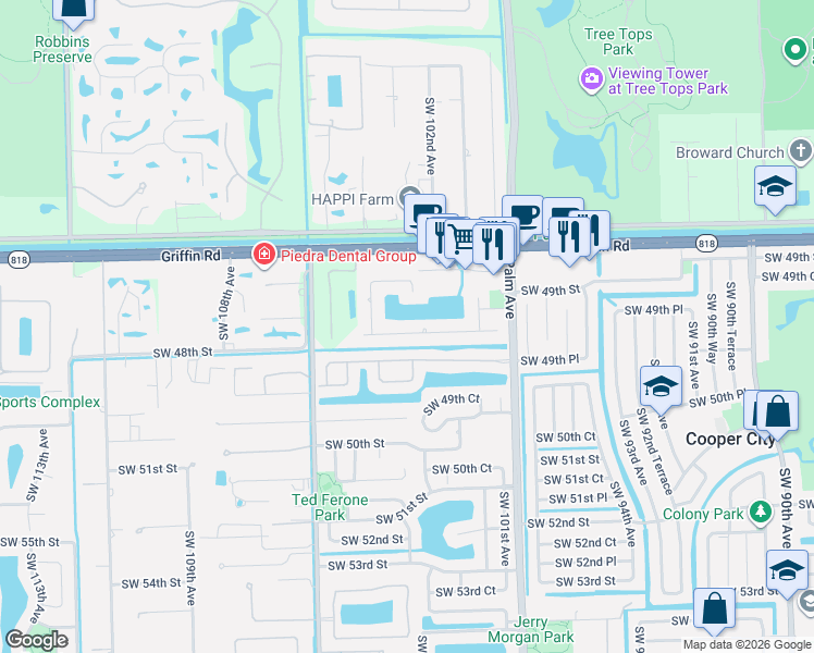 map of restaurants, bars, coffee shops, grocery stores, and more near 10292 Southwest 49th Manor in Cooper City