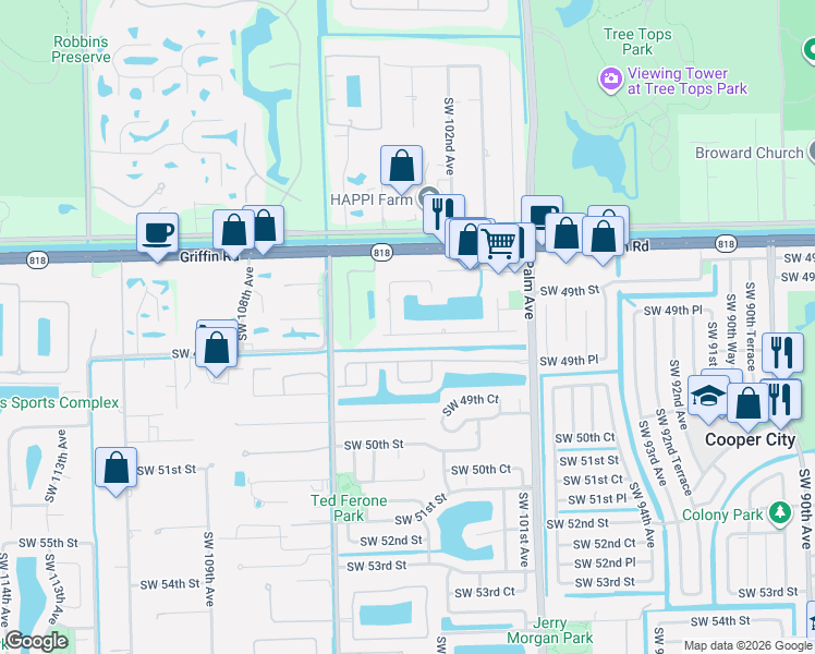map of restaurants, bars, coffee shops, grocery stores, and more near 10292 Southwest 49th Manor in Cooper City