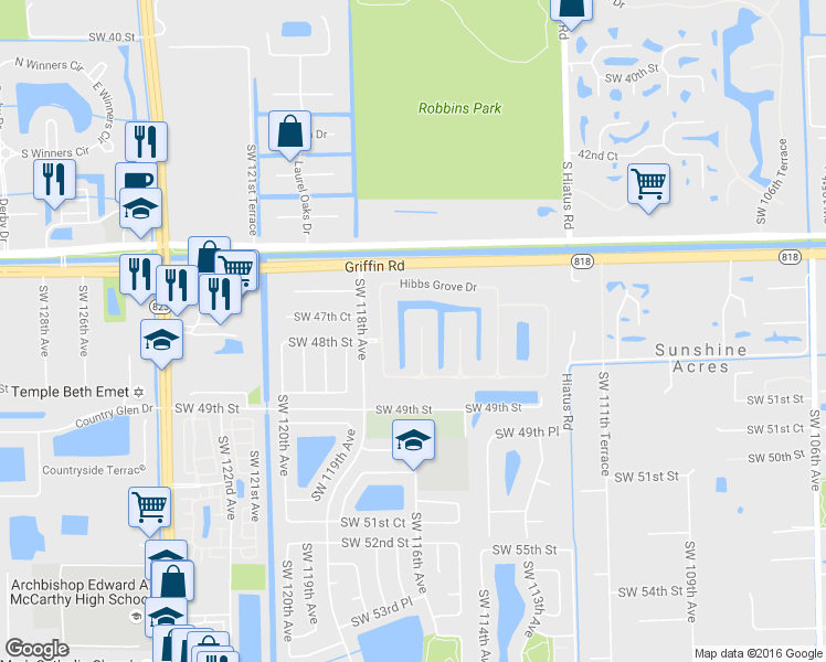 map of restaurants, bars, coffee shops, grocery stores, and more near 4819 Citrus Way in Cooper City