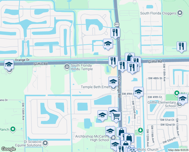 map of restaurants, bars, coffee shops, grocery stores, and more near 4720 Southwest 128th Avenue in Southwest Ranches