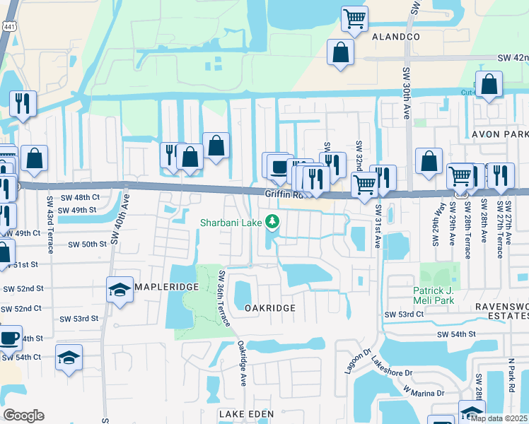 map of restaurants, bars, coffee shops, grocery stores, and more near 4924 Southwest 34th Terrace in Fort Lauderdale