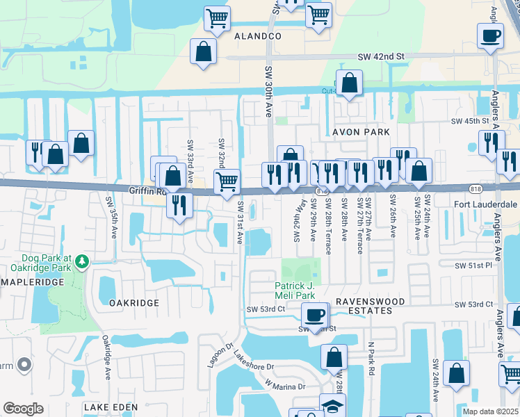 map of restaurants, bars, coffee shops, grocery stores, and more near 4900-4936 Southwest 30th Avenue in Fort Lauderdale