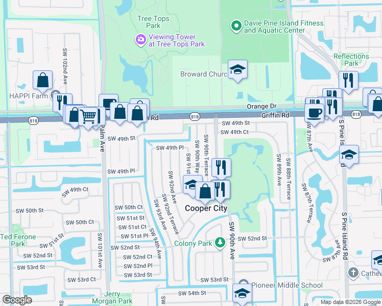 map of restaurants, bars, coffee shops, grocery stores, and more near 4954 Southwest 91st Avenue in Cooper City