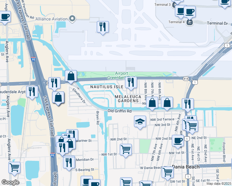 map of restaurants, bars, coffee shops, grocery stores, and more near 826 Argonaut Isle in Dania Beach