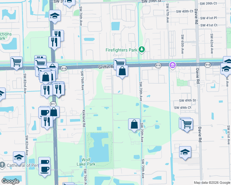 map of restaurants, bars, coffee shops, grocery stores, and more near 4901 Bartell Road in Davie