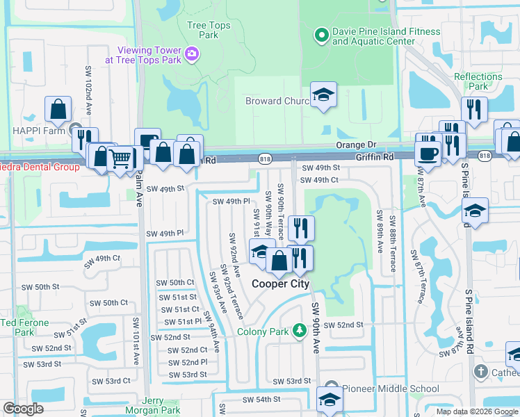 map of restaurants, bars, coffee shops, grocery stores, and more near 4973 Southwest 90th Way in Cooper City