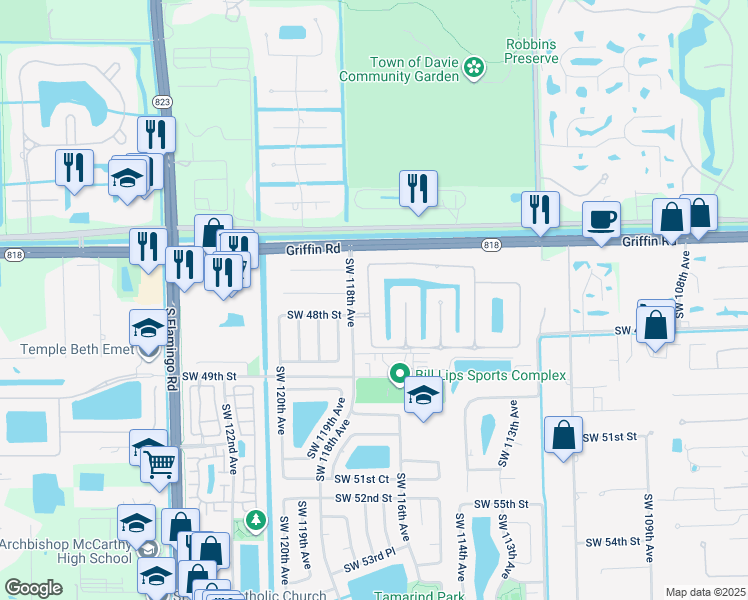 map of restaurants, bars, coffee shops, grocery stores, and more near 4797 Hibbs Grove Terrace in Cooper City