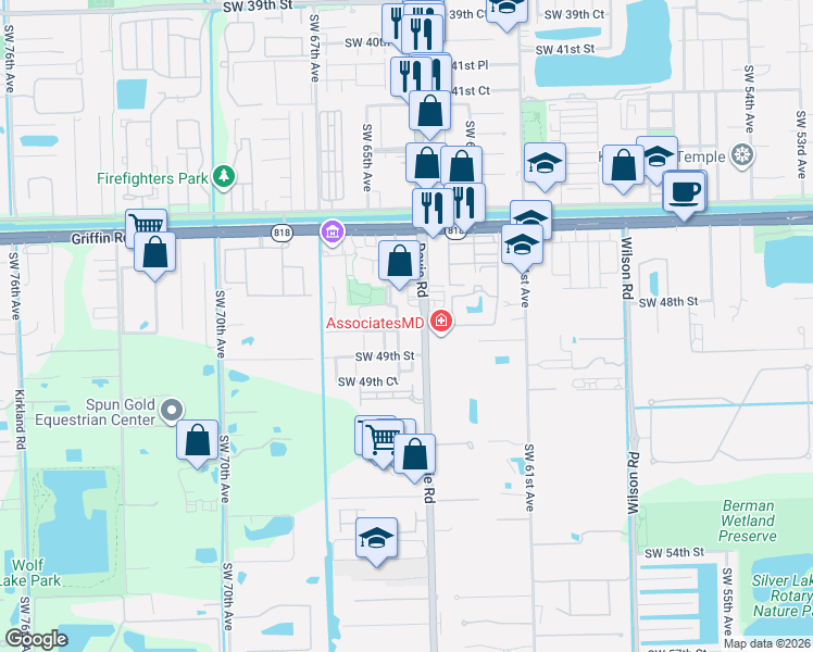 map of restaurants, bars, coffee shops, grocery stores, and more near in Davie