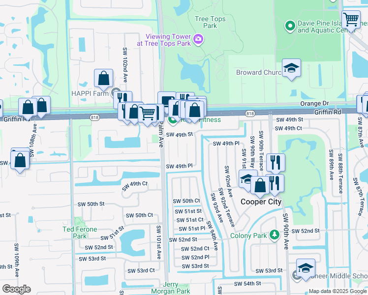 map of restaurants, bars, coffee shops, grocery stores, and more near 4985 Southwest 94th Terrace in Cooper City