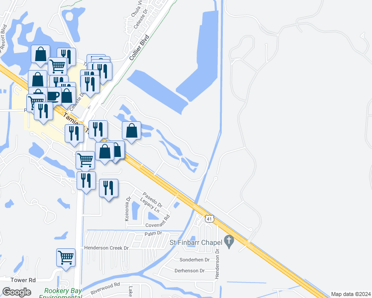 map of restaurants, bars, coffee shops, grocery stores, and more near 6690 Beach Resort Drive in Naples